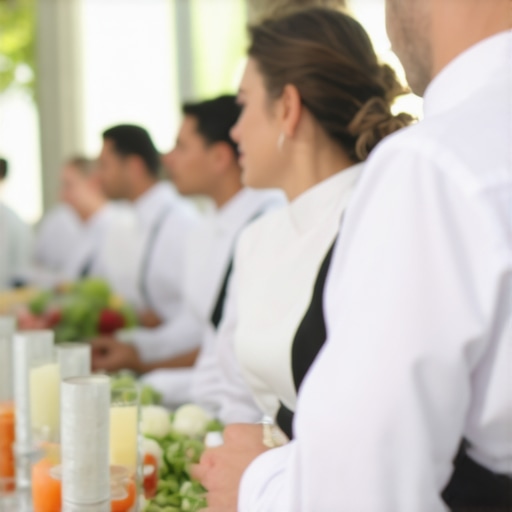 Wedding server coordination in action A team of wedding servers in uniform coordinating seamlessly during a reception