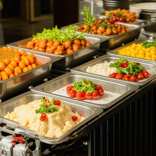 Close up of induction warming trays at a high-end wedding buffet