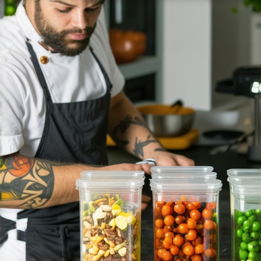 Professional chef using vacuum sealing and cooling techniques for meal prep.