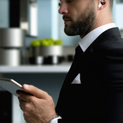 An event logistics professional using a tactical earpiece to coordinate food deliveries.