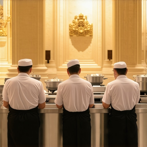 Professional chefs setting up high-wattage culinary equipment in a non-traditional luxury venue.