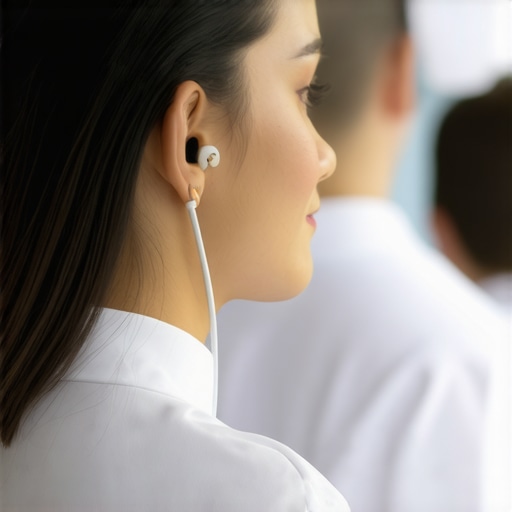 A lead coordinator using an earpiece to synchronize server timing at a high-stakes wedding.