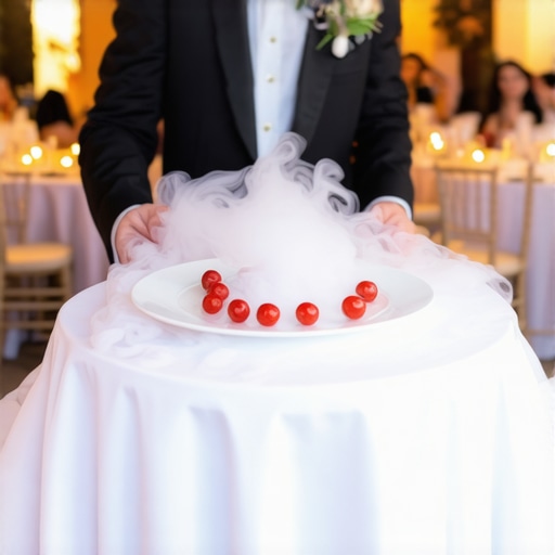 Advanced Theatrical Food Service Techniques Dry ice culinary presentation at a luxury wedding event.