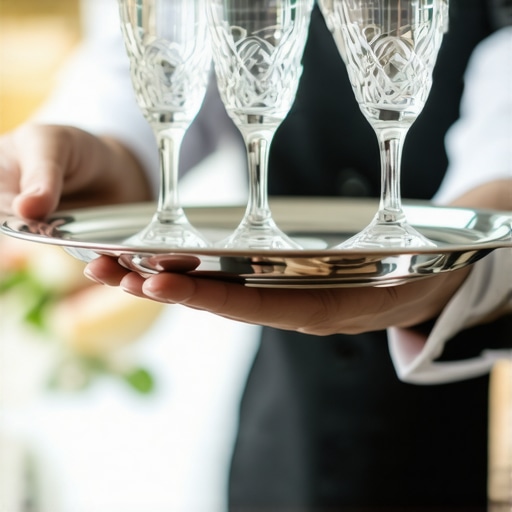 A professional server demonstrates the center-point carry technique at a high-end wedding.