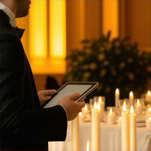 A professional server managing the sensory atmosphere of a luxury event via digital tablet.
