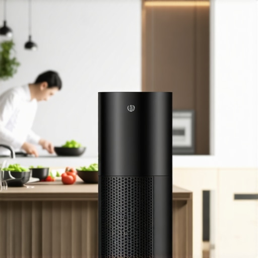 Portable air purifier in a modern loft to manage cooking odors during a private chef service.