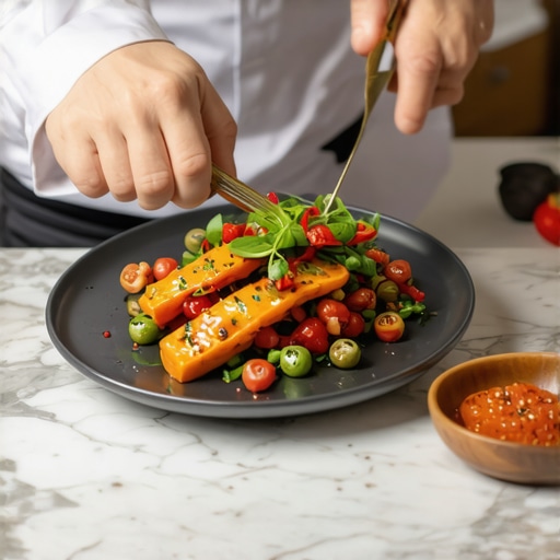 A private chef plating a sophisticated dish to demonstrate high-end culinary skills and menu engineering.