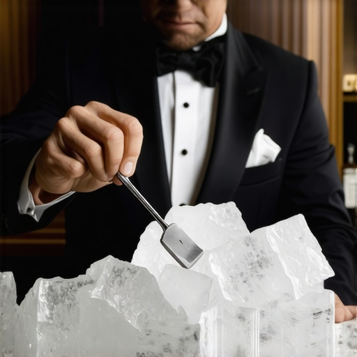A professional bartender carving clear ice for high-end cocktail service at a private event.