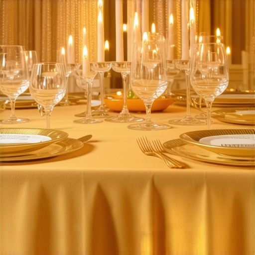 A luxury wedding table setting under warm, professional lighting to enhance the visual appeal of the food.