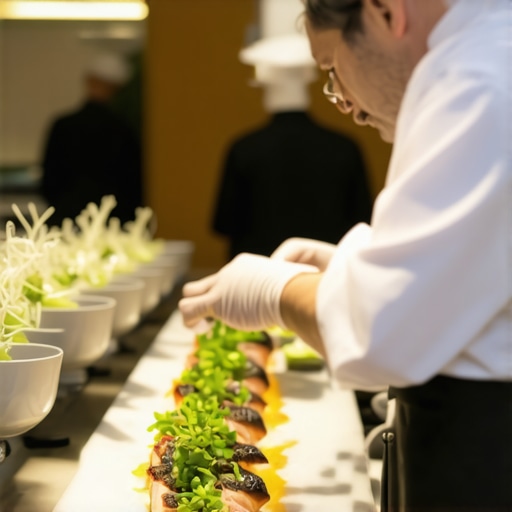 A private chef inspecting plated meals under heat lamps in a professional kitchen.