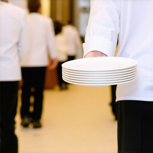 Professional catering servers navigating a dedicated service corridor with plated dishes