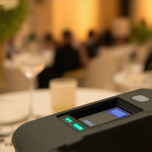 Biometric Access Control for High-Profile Events Close-up of a biometric fingerprint scanner used for securing staff access at a luxury gala.