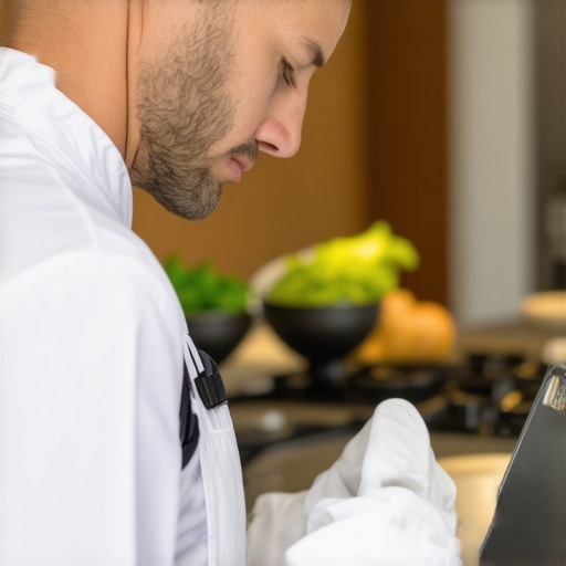 A professional chef inspecting a kitchen before a wedding event.