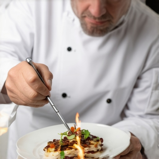 A private chef meticulously finishing a dish in a wedding kitchen environment.