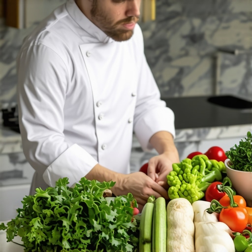Private chef conducting quality control on fresh wedding catering ingredients