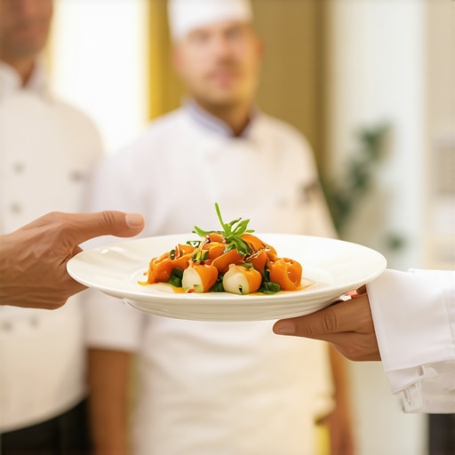 A private chef and wedding server coordinating the plate transfer during a high-end event.