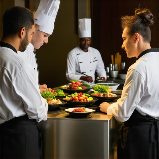 A private chef and wedding server coordinating menu details in a professional kitchen setting.