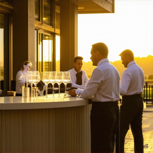 Event servers organizing an outdoor bar at a luxury home during sunset.