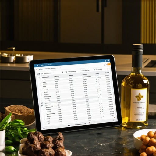 Digital Audit of Luxury Kitchen Expenses A digital tablet displaying an audit spreadsheet alongside premium culinary ingredients on a marble countertop.