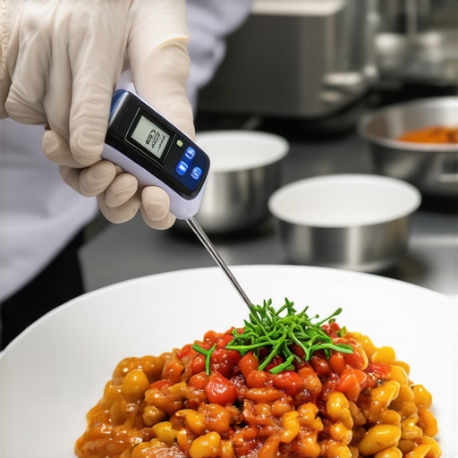A professional catering server checking the temperature of a gourmet dish using a digital probe to ensure food safety standards.