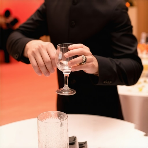 A professional server clearing glassware during a wedding reception to maintain a clean environment.