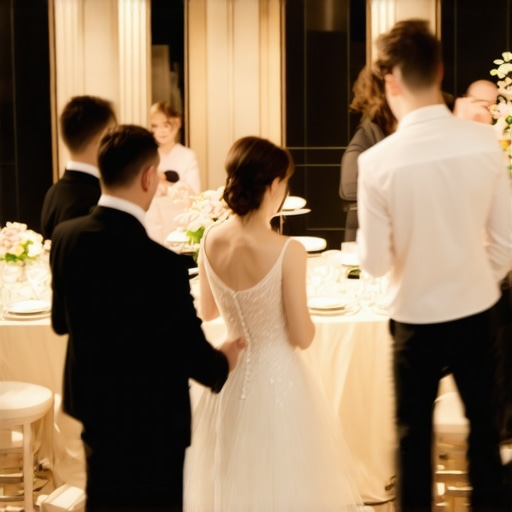 Professional wedding servers performing a silent breakdown while guests continue celebrating.