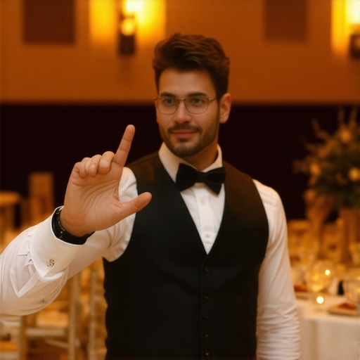 A server using silent hand signals during a luxury wedding reception