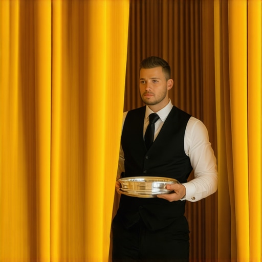 A professional server operating behind a velvet curtain in a high-end event space to maintain guest immersion.