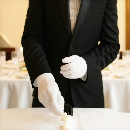 Discreet Spill Management in Luxury Service Professional wedding server performing a subtle table cleanup during a formal dinner.