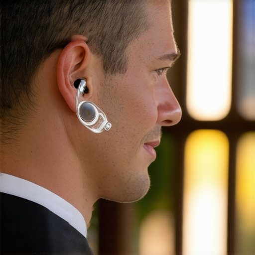 A professional server utilizing a transparent earpiece for silent communication during a high-end wedding event.