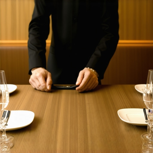 A professional server discreetly managing a corporate boardroom dining setup.