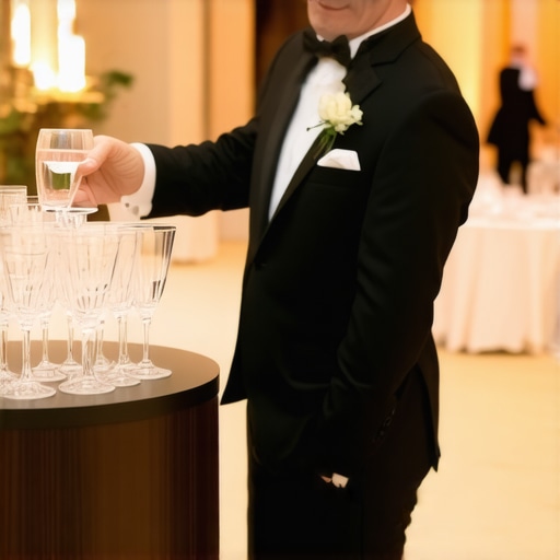 Discrete Glassware Clearing at a Luxury Wedding A professional server maintaining the aesthetic of a wedding reception by clearing glassware near the dance floor.
