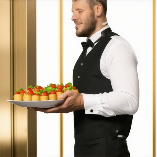 A server using a service elevator at a luxury event