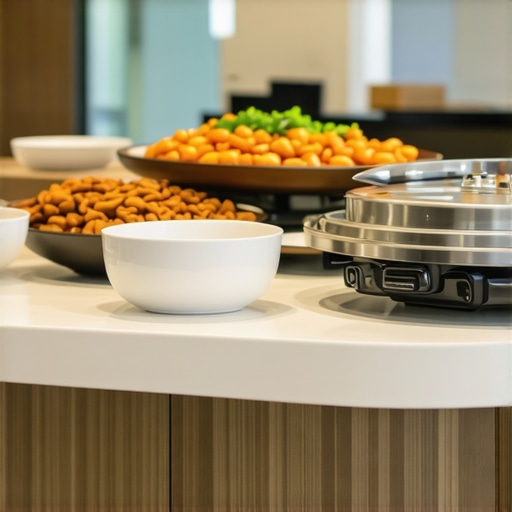 A professional corporate catering setup with ceramic dishes and chafing dishes in a boardroom.