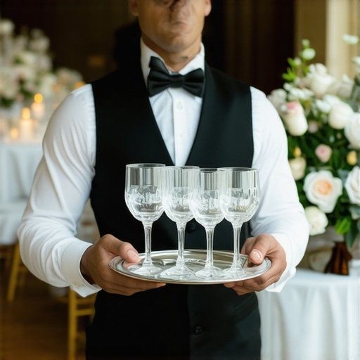 Professional server in formal attire providing high-end service at a luxury wedding venue.