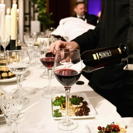 Professional server pouring wine at a luxury dinner party with a private chef in the background.