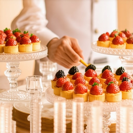 A professional wedding server arranging pastries on an elegant dessert table