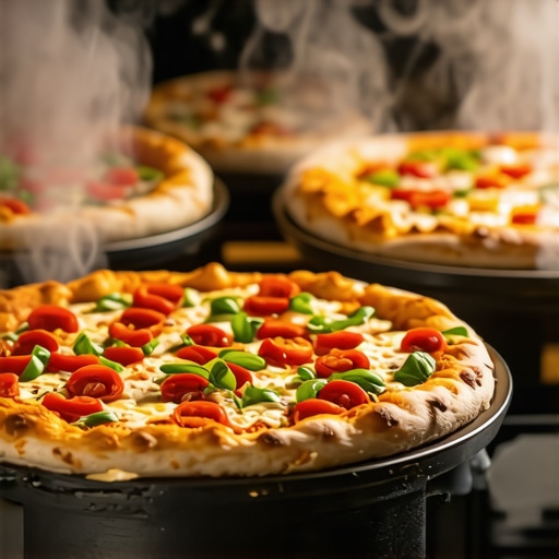 Gourmet pizzas displayed on modern risers for a high-end event catering setup.