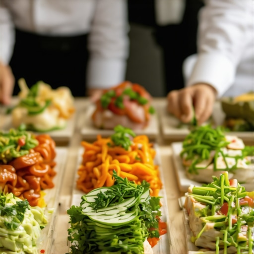 Professional servers setting up a high-performance catering buffet in a modern CPA firm boardroom