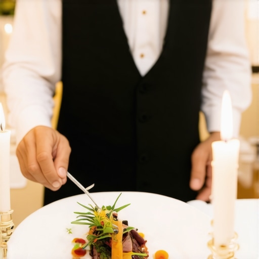 Waiter serving a specialized dinner plate to a guest at a formal wedding reception