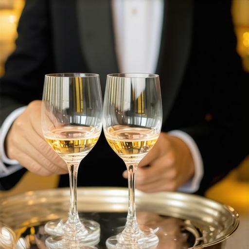Professional server handling crystal glassware by the stem at a luxury wedding