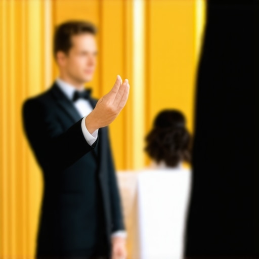 Elite Hospitality Floor Management A floor captain using non-verbal cues to manage staff at a luxury wedding event.
