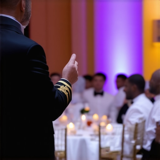 Elite Lead Captain Coordinating Wedding Service Team A professional lead captain overseeing server synchronization at a luxury wedding reception.