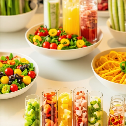 A professional buffet-style catering setup in a modern office including brain-healthy food and hydration stations.