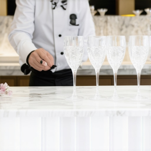 Elite Service Staff Managing Glassware Logistics A professional server polishing glassware in a luxury estate setting.