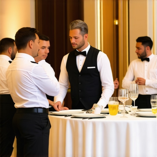 A lead server discussing menu details with a professional catering team.