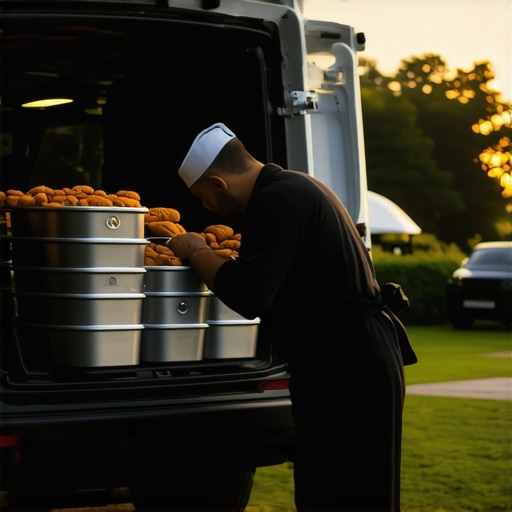 Professional insulated containers being moved into an outdoor wedding kitchen for temperature control.