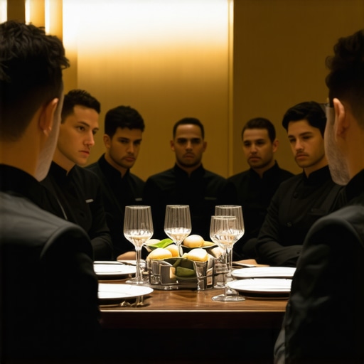 Professional wedding servers in uniform preparing for luxury event service.