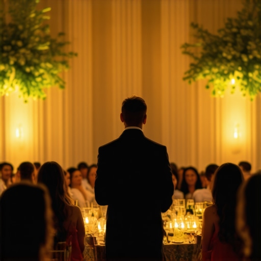 Wedding servers standing at attention during a reception speech to ensure silence and professionalism.