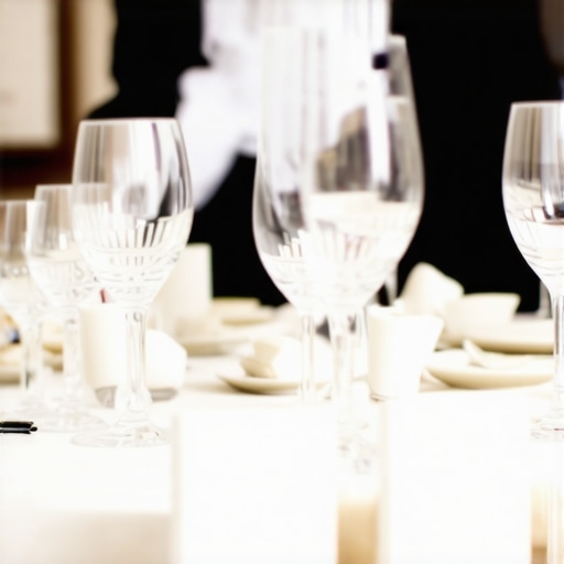 Professional wedding servers setting up a formal dining table for a high-end reception.